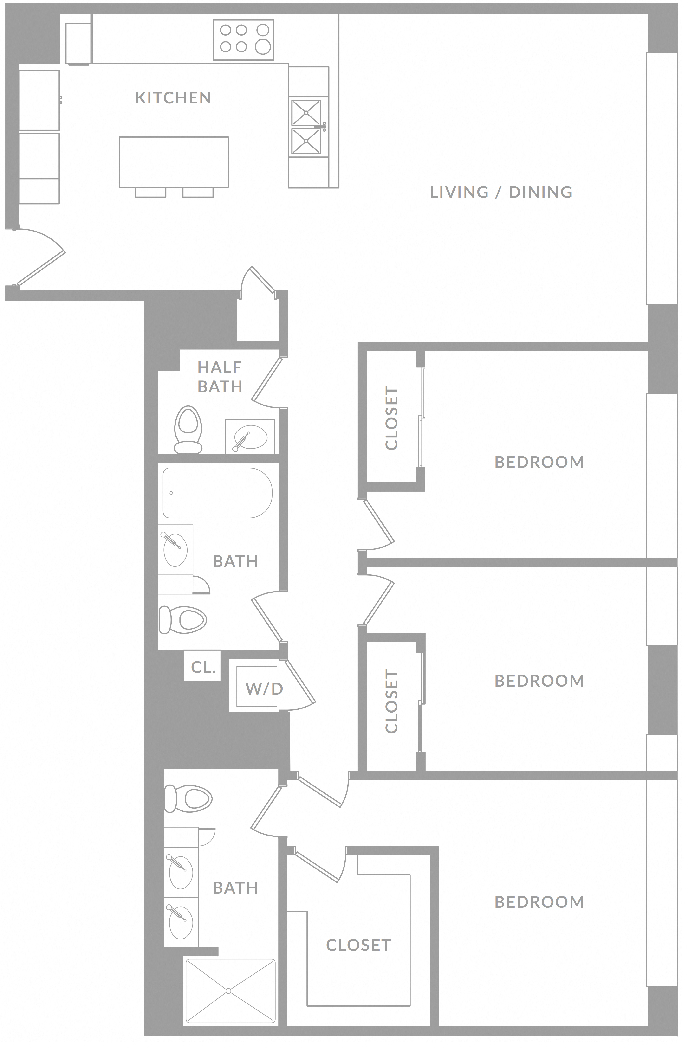 Floor plan for 3 beds, 2.5 baths, 1500 sqft